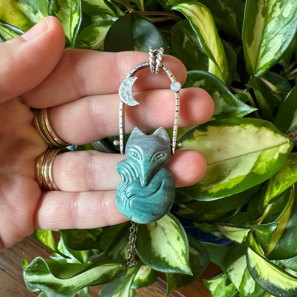 🦊 Trade for K!  Nightdreamer Jasper Swinging Fox and Opal Moon Pendant Necklace - Picture 3 of 16